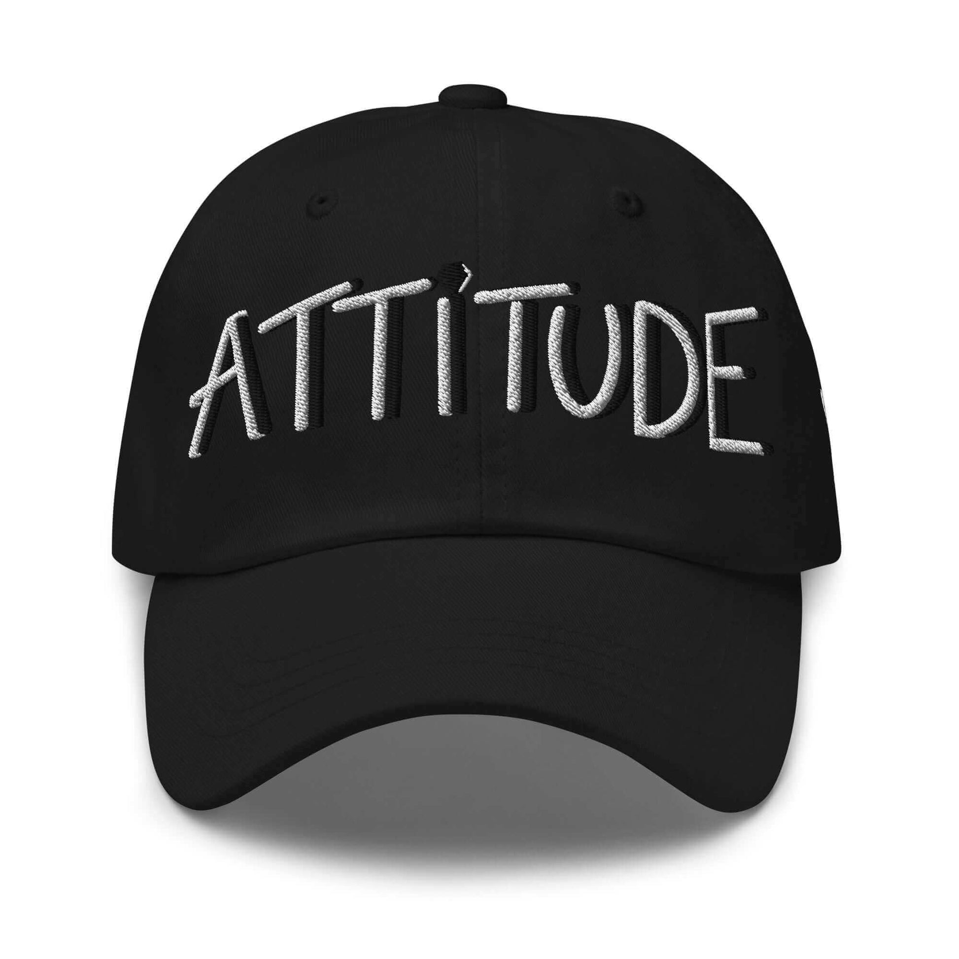 PapiJohn® The Attitude Rinnascimiento Cap in premium black fabric front view displaying the custom heavy white embroidered typography layered with black drop shadows and the signature diamond dot layout by $arah Free 💎 | Sala 1 Wearable Art Fashion