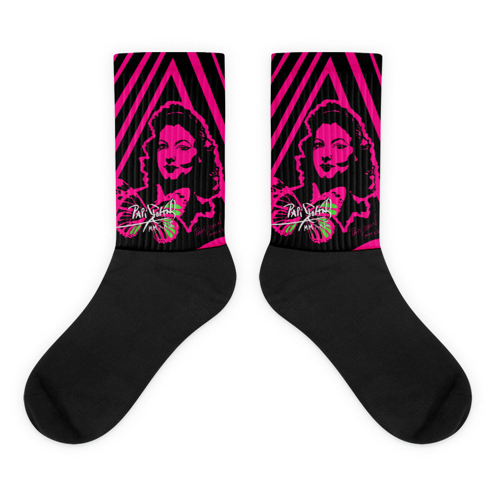 PapiJohn® Ava Artpop Studio Essentials premium black foot sublimated wearable art canvas layout displaying an electric fuchsia frame and cinematic diva face collage by $arah Free 💎 | Wearable Art Fashion
