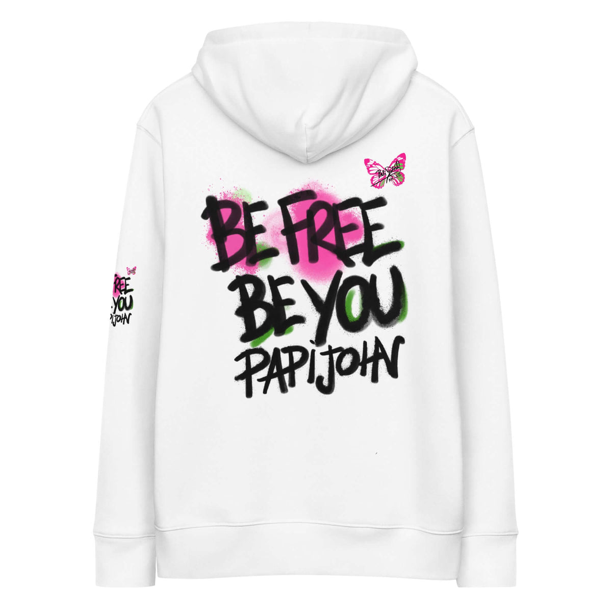 Be Free Be You $arah Free white regular fit Street-Couture hoodie, back view featuring vibrant acid neon old school graffiti artwork | High-End design for Wearable art, Luxury streetwear de autor / Papijohn Archive