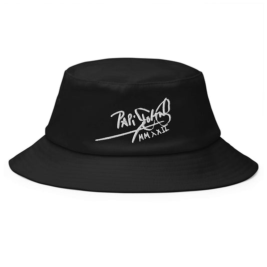 PapiJohn® The Black Vintage Old School Signature Bucket hat front view showcasing the heavy contrast of the custom white calligraphic text script embroidered across the select solid black premium cotton structure | Sala 1 Wearable Art Fashion por $arah Free 💎