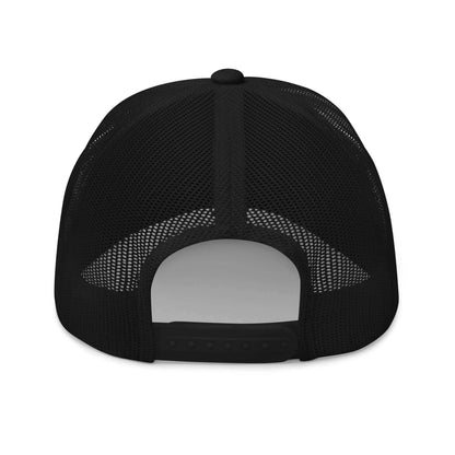 PapiJohn® The Blue Butterfly Retro Trucker crown in solid black back layout showcasing the classical semi-panels breathable mesh and durable adjustable snapback strap finish | Artist-Led Streetwear