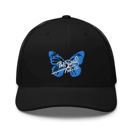 PapiJohn® The Blue Butterfly Retro Trucker crown in solid black front view displaying the striking electric blue butterfly signature embroidered in high-density premium stitching | Sala 1 Wearable Art Fashion