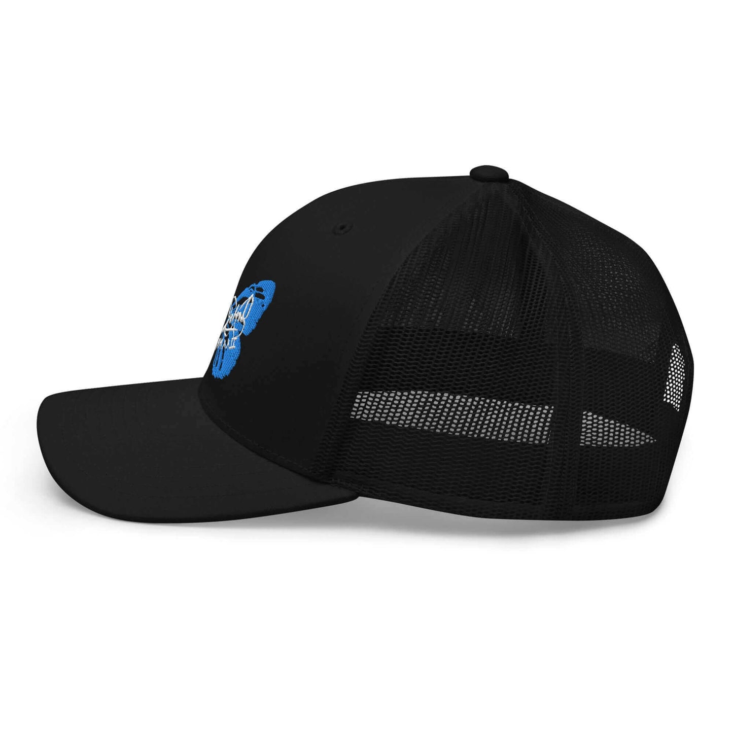 PapiJohn® The Blue Butterfly Retro Trucker crown in solid black left side profile tracking the tailored mid-profile crown panel alignment and curved bill edge line | Streetwear d'Auteur