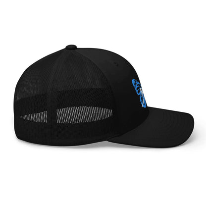 PapiJohn® The Blue Butterfly Retro Trucker crown in solid black right side profile focusing on the precise mesh panel seam stitching and perfect structural crown tension by $arah Free 💎 | High-Tier Archive
