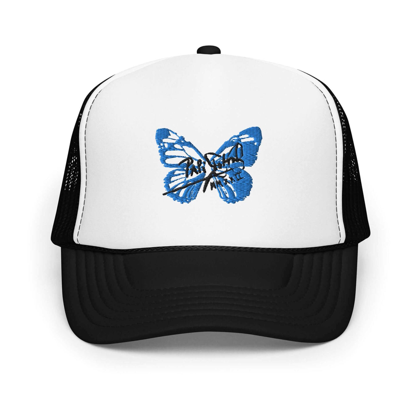 PapiJohn® The Blue Butterfly Signature Trucker premium bicolor headwear front view showcasing the high-contrast deep blue 3D raised embroidery layout and white foam panel by $arah Free 💎 | Streetwear d'Auteur