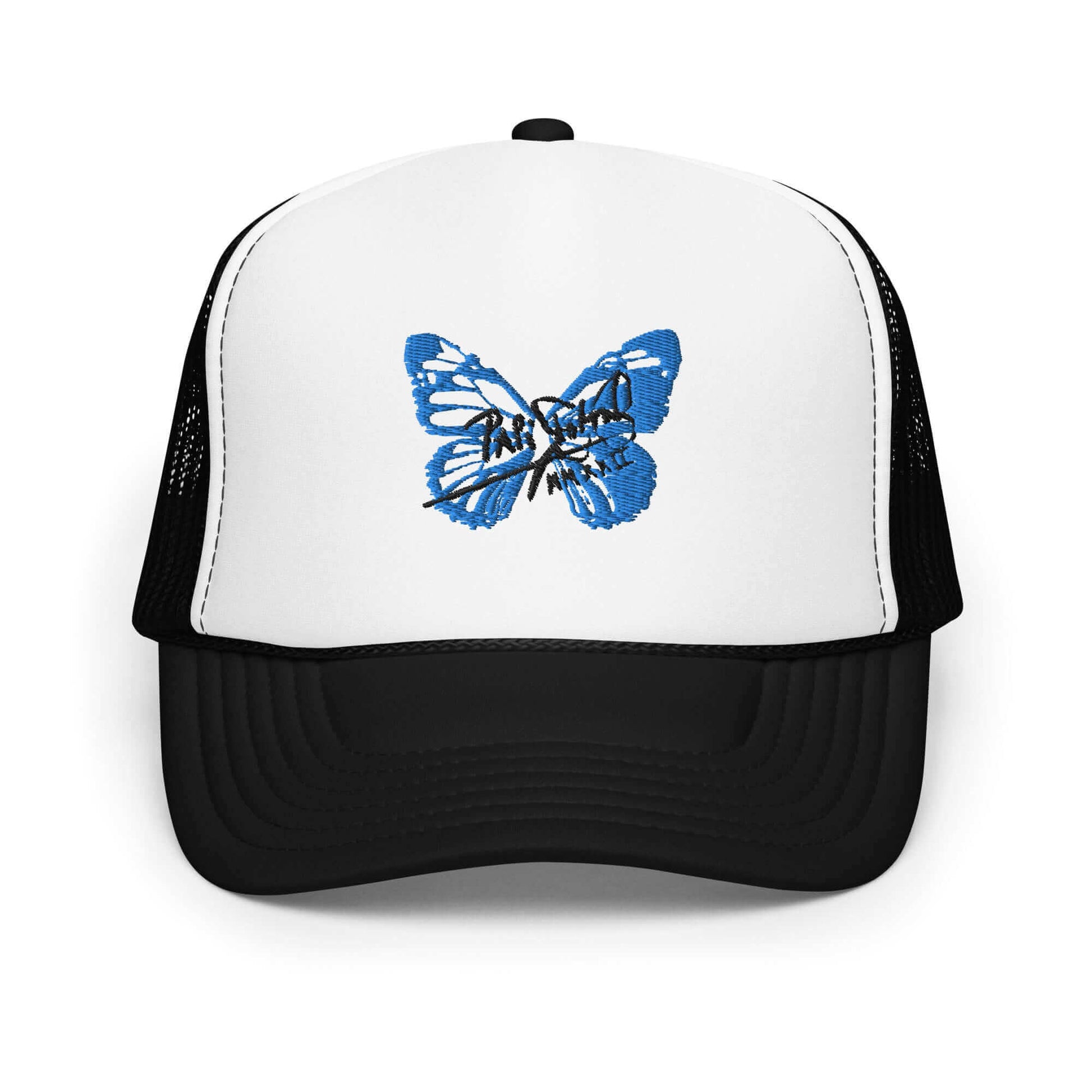 PapiJohn® The Blue Butterfly Signature Trucker premium bicolor headwear front view showcasing the high-contrast deep blue 3D raised embroidery layout and white foam panel by $arah Free 💎 | Streetwear d'Auteur