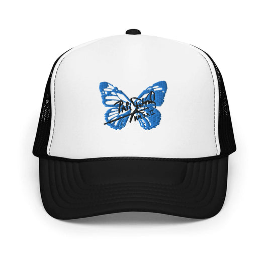 PapiJohn® The Blue Butterfly Signature Trucker premium bicolor headwear front view showcasing the high-contrast deep blue 3D raised embroidery layout and white foam panel by $arah Free 💎 | Streetwear d'Auteur