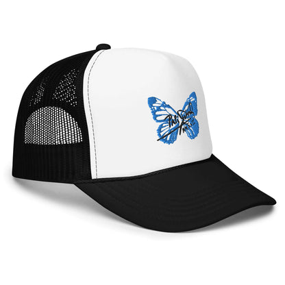 PapiJohn® The Blue Butterfly Signature Trucker premium bicolor headwear right side profile focusing on the heavy-structured curve paneling stitch lines and deep blue mesh construction by $arah Free 💎 | Artist-Led Streetwear