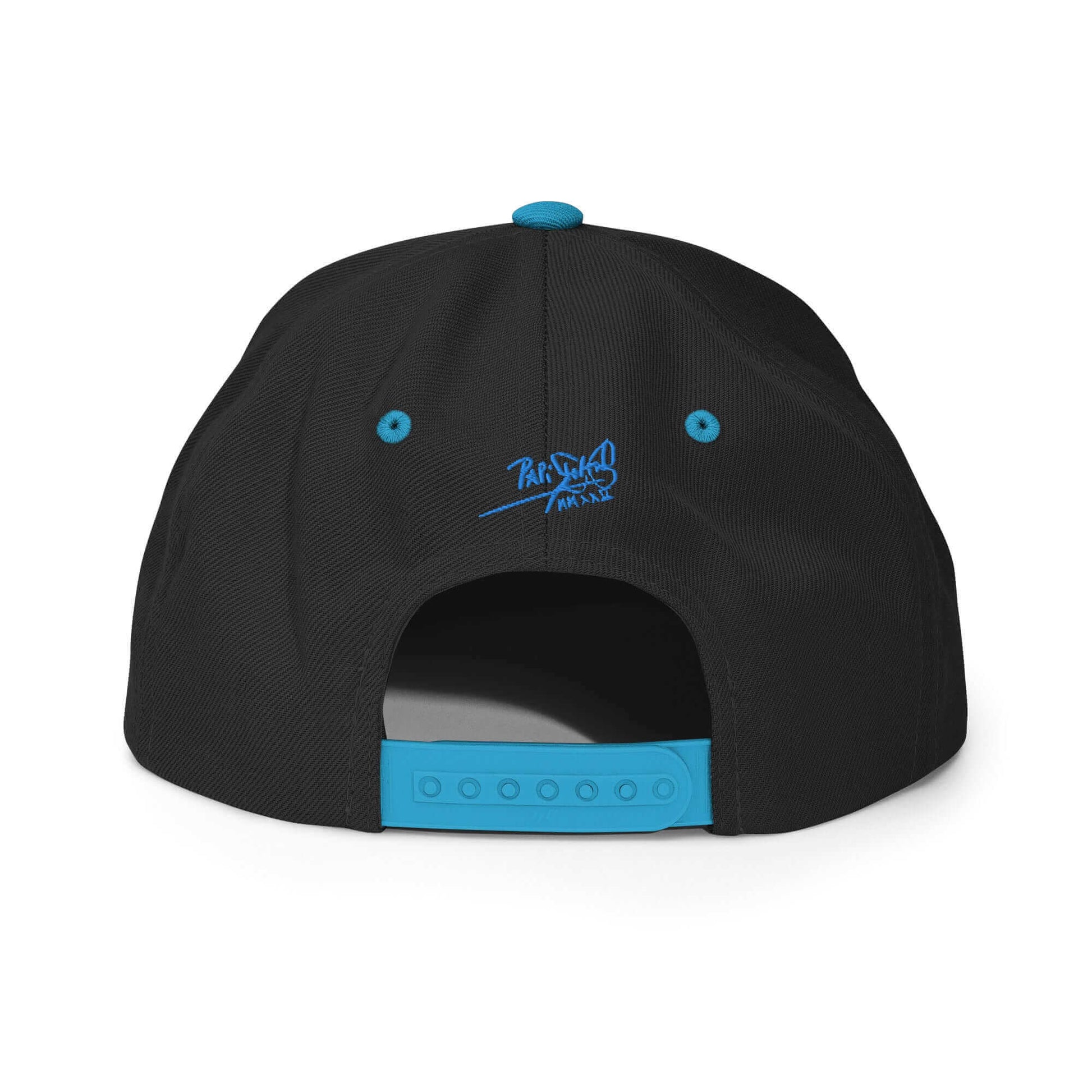 PapiJohn® The Blue Butterfly Snapback Archive in black and teal back perspective highlighting the dual-tone seam lines and retro snap adjustment hardware | Artist-Led Streetwear