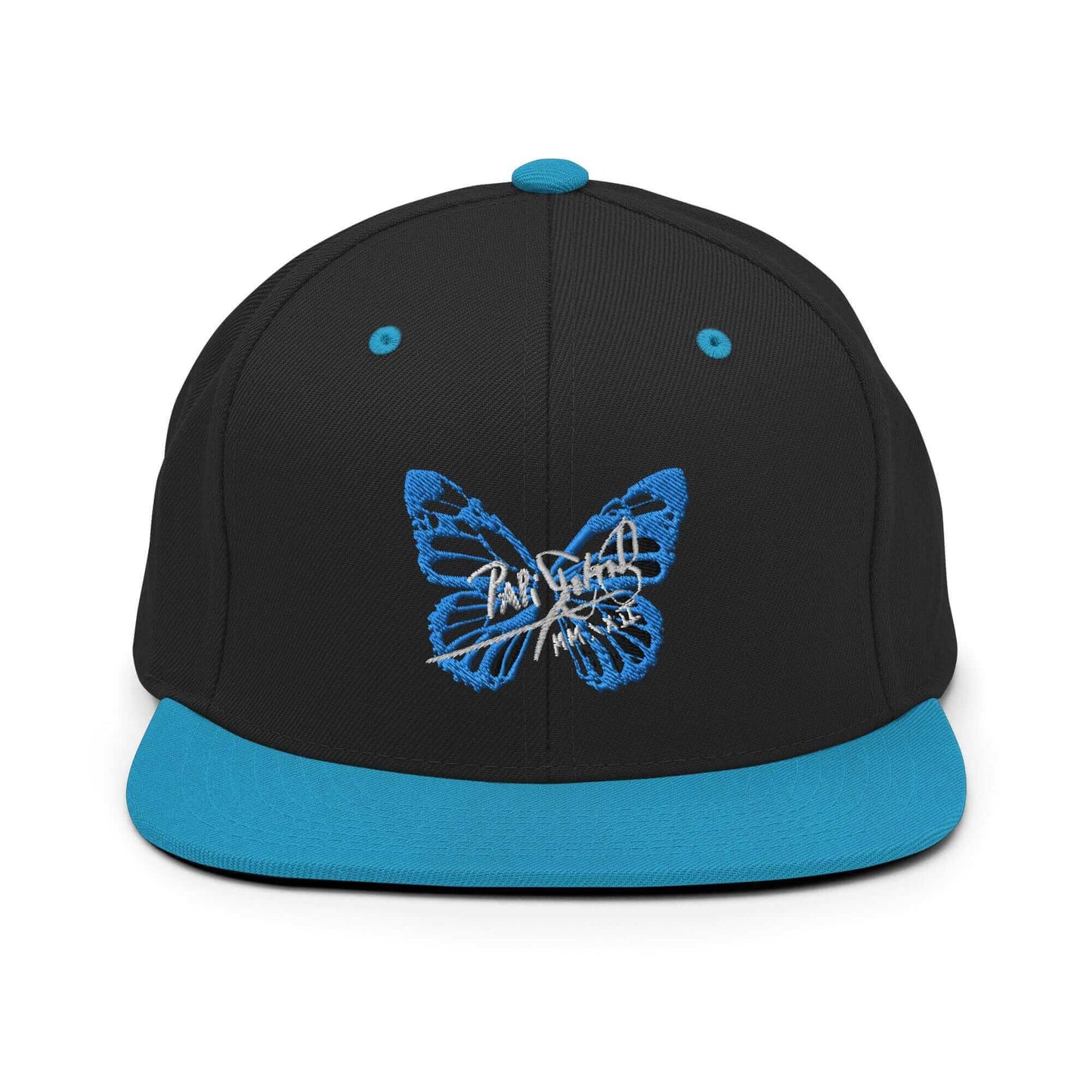 PapiJohn® The Blue Butterfly Snapback Archive in black and teal contrast front layout rendering the deep blue thread butterfly icon over the structural crown | Sala 1 Wearable Art Fashion