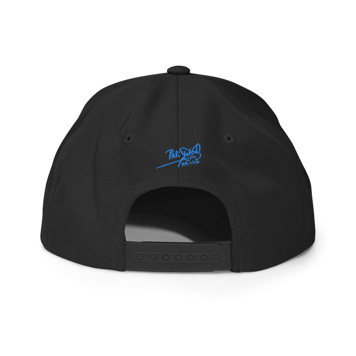 PapiJohn® The Blue Butterfly Snapback Archive in solid black back perspective tracking the tailored high-profile panels and premium adjustable sizing strap component | Artist-Led Streetwear