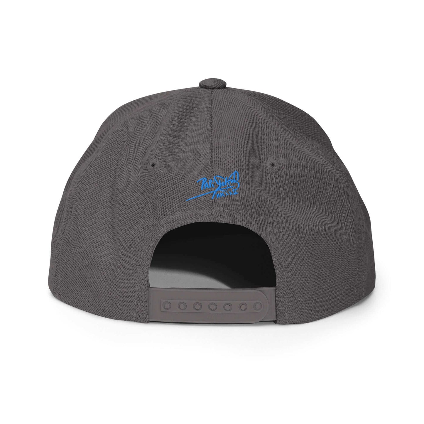 PapiJohn® The Blue Butterfly Snapback Archive in industrial dark grey back perspective mapping the specialized reinforcement stitches and snap strap | Artist-Led Streetwear