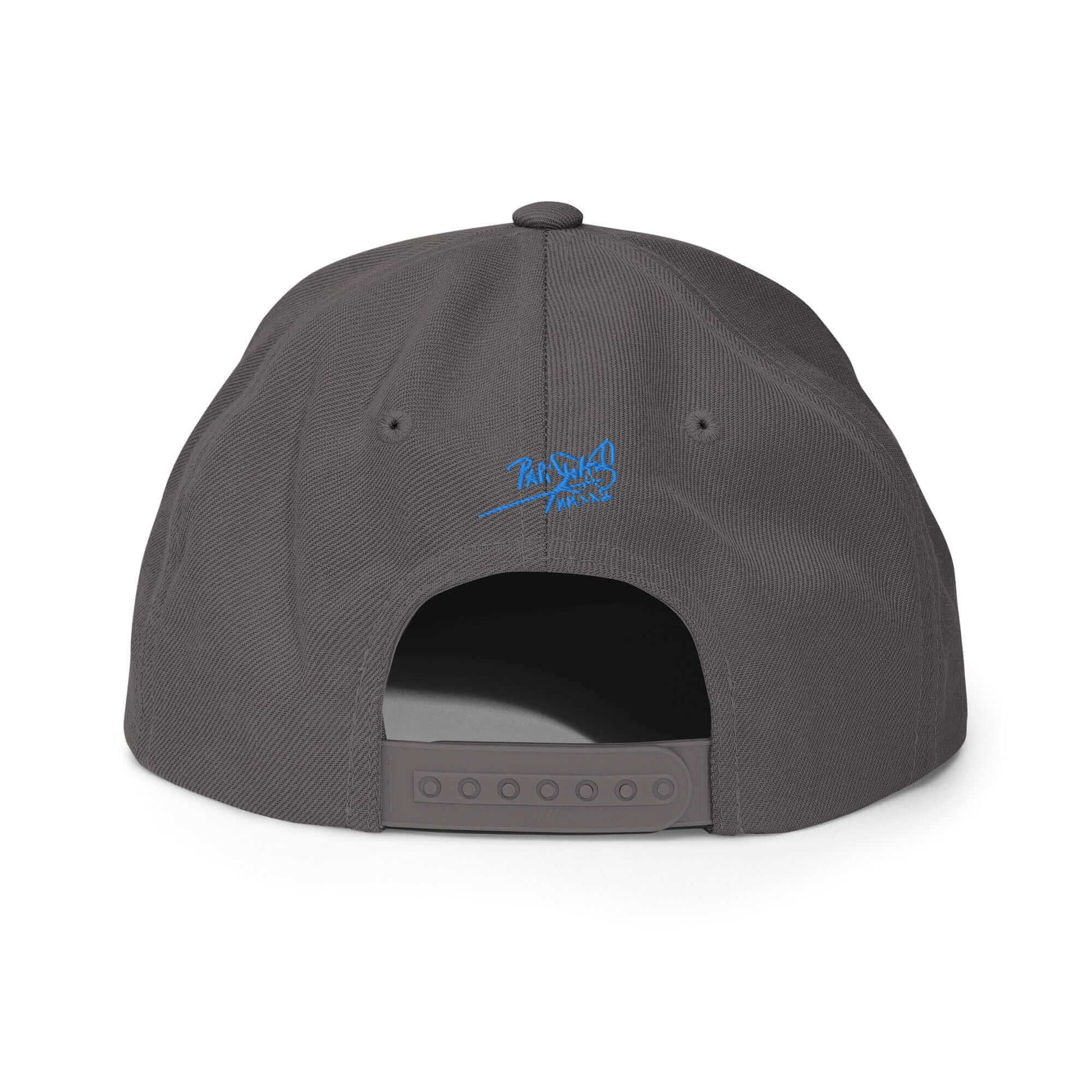 PapiJohn® The Blue Butterfly Snapback Archive in industrial dark grey back perspective mapping the specialized reinforcement stitches and snap strap | Artist-Led Streetwear