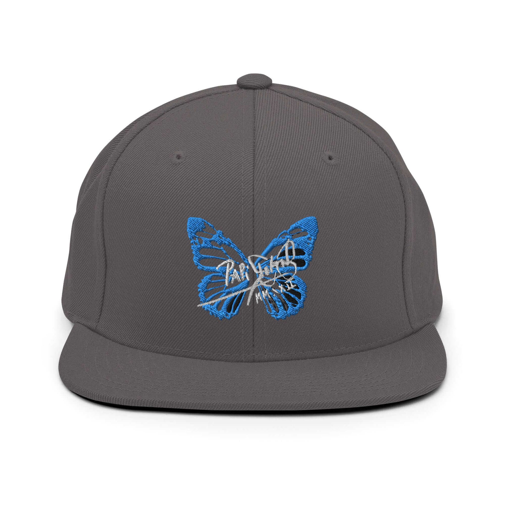 PapiJohn® The Blue Butterfly Snapback Archive in industrial dark grey front view highlighting the crisp definition of the blue thread butterfly signature artwork | Sala 1 Wearable Art Fashion