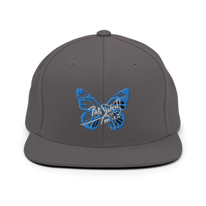 PapiJohn® The Blue Butterfly Snapback Archive in industrial dark grey front view highlighting the crisp definition of the blue thread butterfly signature artwork | Sala 1 Wearable Art Fashion