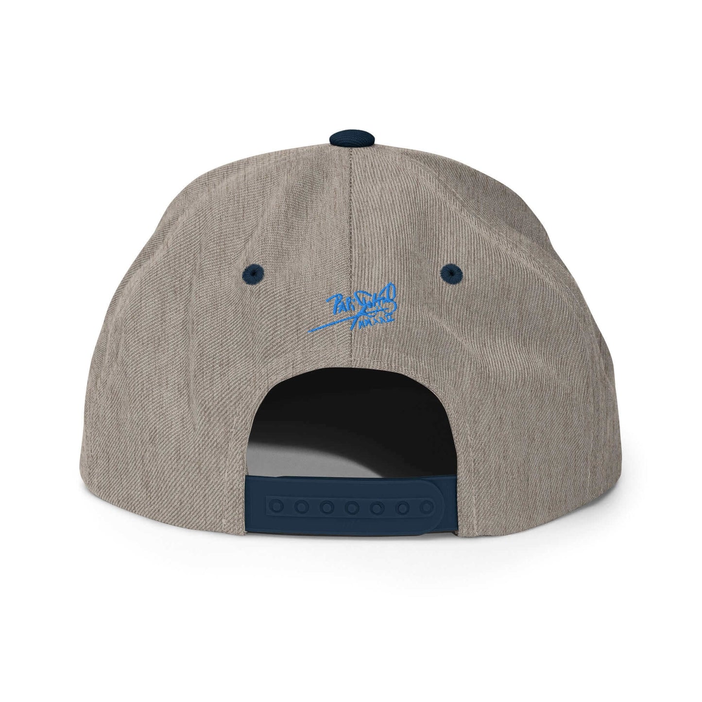 PapiJohn® The Blue Butterfly Snapback Archive in grey and navy back view detailing the high-profile seam connections and multi-position adjustment buckle | Artist-Led Streetwear