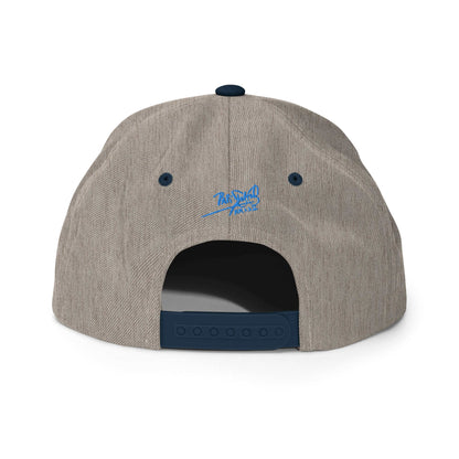 PapiJohn® The Blue Butterfly Snapback Archive in grey and navy back view detailing the high-profile seam connections and multi-position adjustment buckle | Artist-Led Streetwear