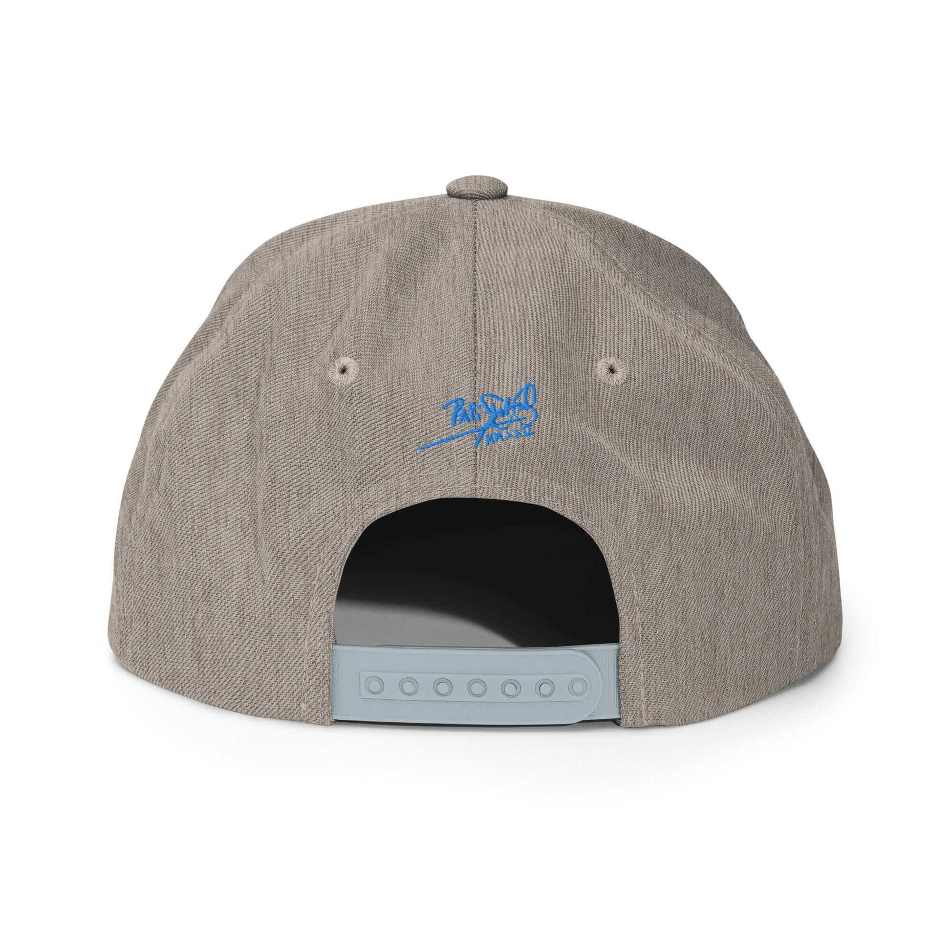 PapiJohn® The Blue Butterfly Snapback Archive in classic heather grey back perspective mapping the premium panel sewing finish and adjustable retro closure | Artist-Led Streetwear