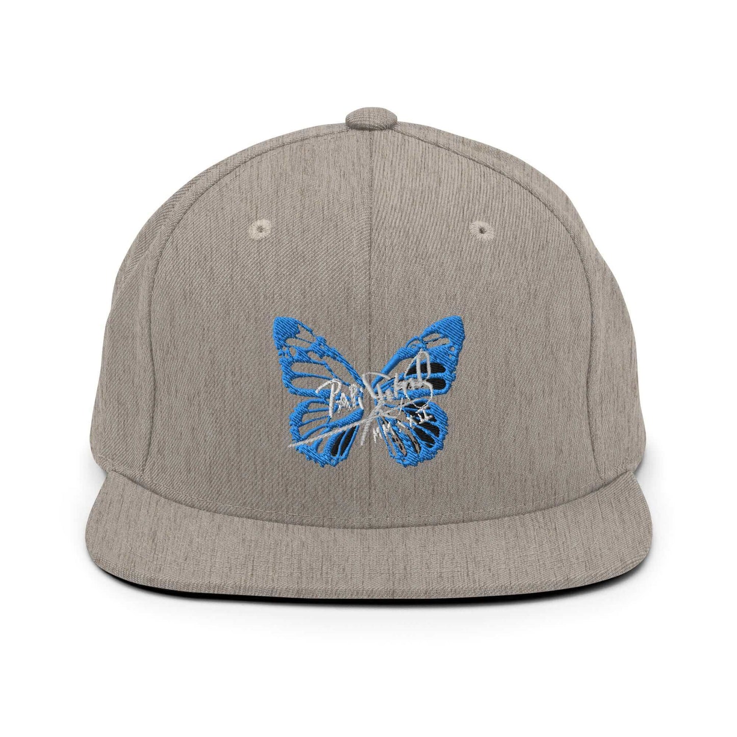PapiJohn® The Blue Butterfly Snapback Archive in classic heather grey front view accentuating the striking deep blue colorway of the custom butterfly emblem | Sala 1 Wearable Art Fashion