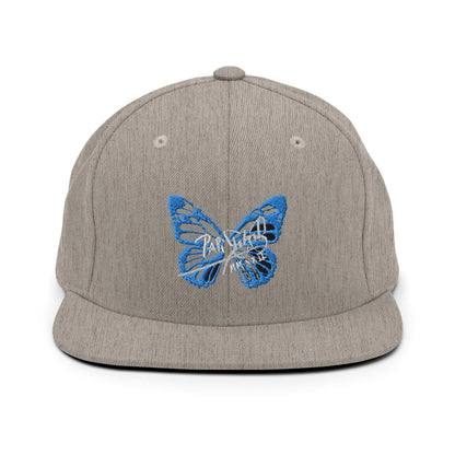 PapiJohn® The Blue Butterfly Snapback Archive in classic heather grey front view accentuating the striking deep blue colorway of the custom butterfly emblem | Sala 1 Wearable Art Fashion