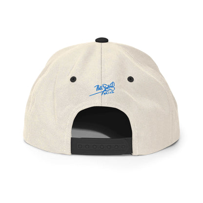 PapiJohn® The Blue Butterfly Snapback Archive in raw natural and black panels back view highlighting the perfect structural geometry and custom snap strap finish | Artist-Led Streetwear