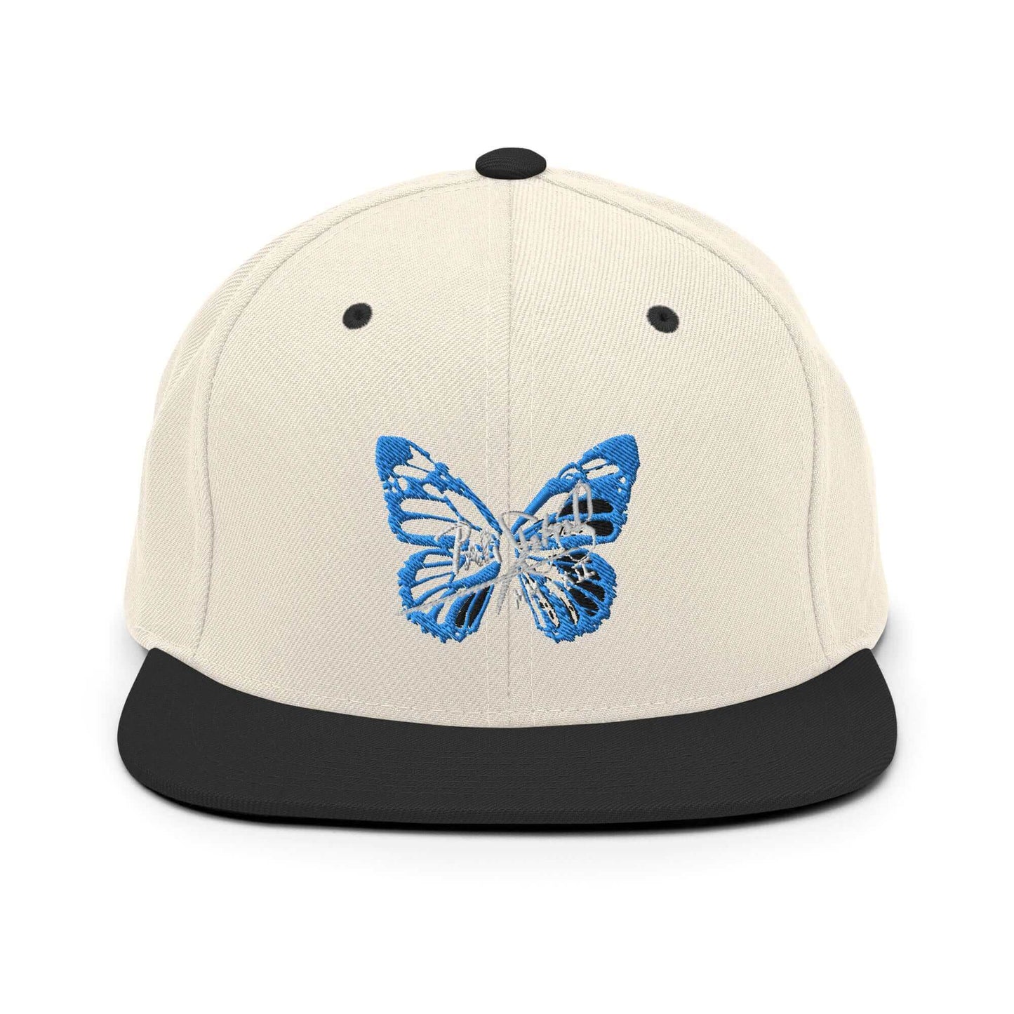 PapiJohn® The Blue Butterfly Snapback Archive in raw natural and black panels front view rendering the ultimate organic contrast for the blue butterfly thread | Sala 1 Wearable Art Fashion