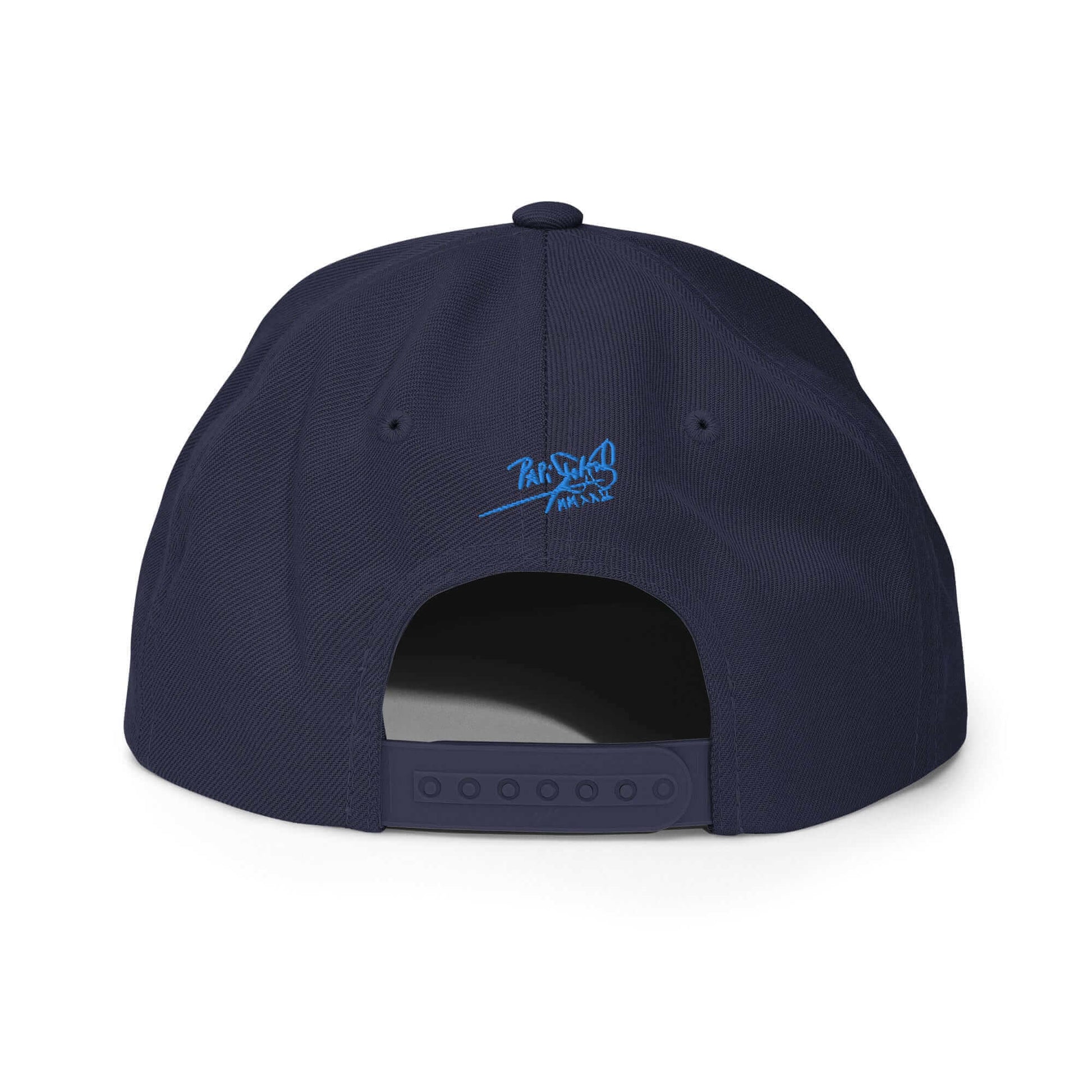 PapiJohn® The Blue Butterfly Snapback Archive in deep metropolitan navy back view tracking the rigid multi-panel build tension and retro sizing mechanism | Artist-Led Streetwear