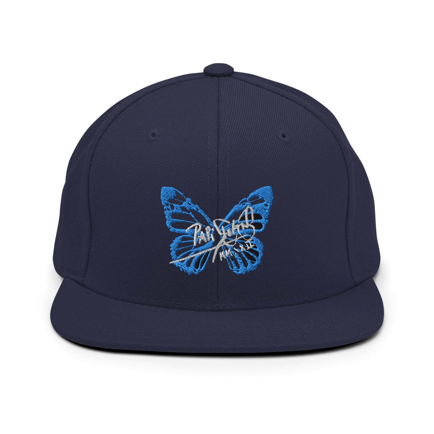 PapiJohn® The Blue Butterfly Snapback Archive in deep metropolitan navy front layout showing the elegant contrast of the blue butterfly embroidery details | Sala 1 Wearable Art Fashion