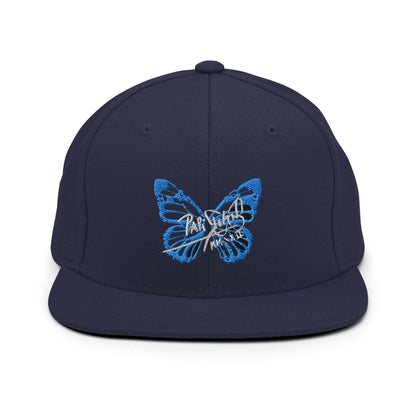 PapiJohn® The Blue Butterfly Snapback Archive in deep metropolitan navy front layout showing the elegant contrast of the blue butterfly embroidery details | Sala 1 Wearable Art Fashion