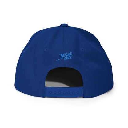 PapiJohn® The Blue Butterfly Snapback Archive in vibrant royal blue back view tracing the flawless panel alignment and high-tier adjustable closure strap | Artist-Led Streetwear