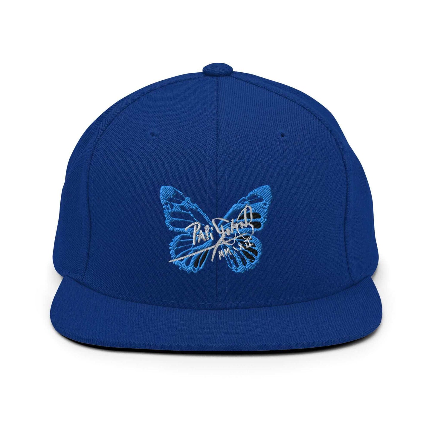 PapiJohn® The Blue Butterfly Snapback Archive in vibrant royal blue front view displaying the rich tonal layers of the electric blue butterfly script stitch | Sala 1 Wearable Art Fashion