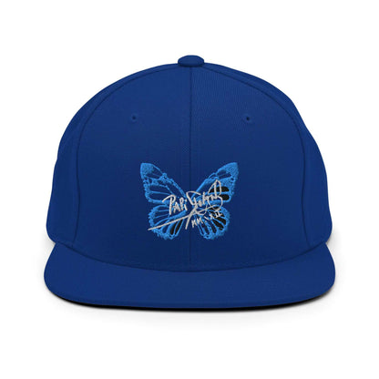 PapiJohn® The Blue Butterfly Snapback Archive in vibrant royal blue front view displaying the rich tonal layers of the electric blue butterfly script stitch | Sala 1 Wearable Art Fashion