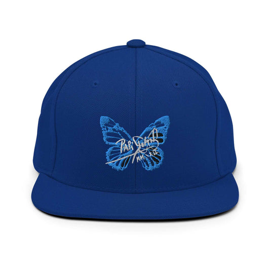 PapiJohn® The Blue Butterfly Snapback Archive in vibrant royal blue front view displaying the rich tonal layers of the electric blue butterfly script stitch | Sala 1 Wearable Art Fashion