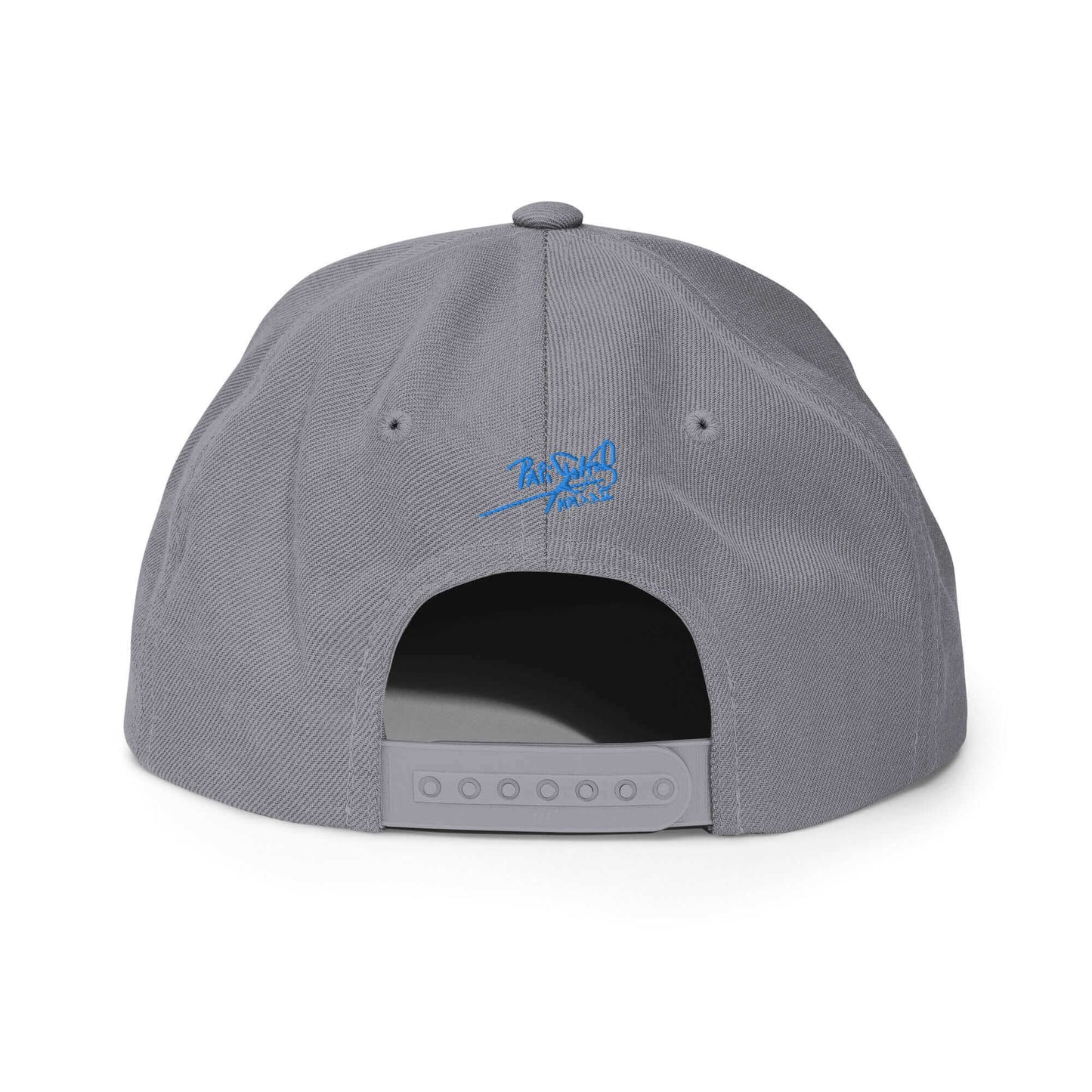 PapiJohn® The Blue Butterfly Snapback Archive in metallic silver back layout tracking the immaculate high-profile panel geometry and snap closure finish | Artist-Led Streetwear