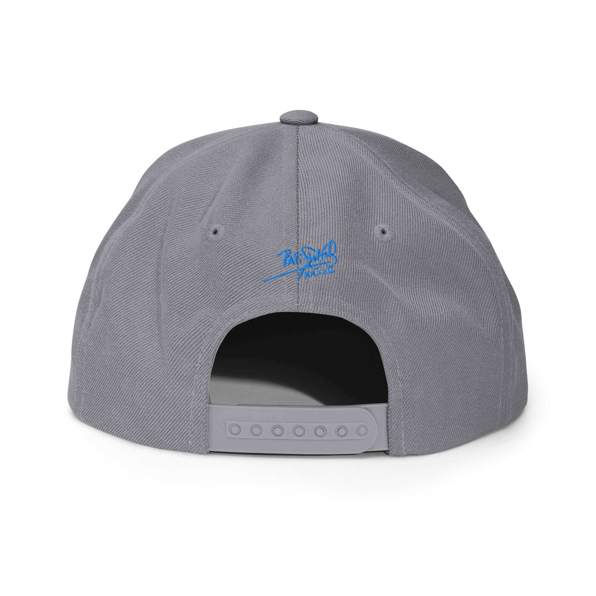 PapiJohn® The Blue Butterfly Snapback Archive in metallic silver back layout tracking the immaculate high-profile panel geometry and snap closure finish | Artist-Led Streetwear