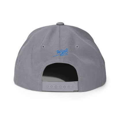 PapiJohn® The Blue Butterfly Snapback Archive in metallic silver back layout tracking the immaculate high-profile panel geometry and snap closure finish | Artist-Led Streetwear