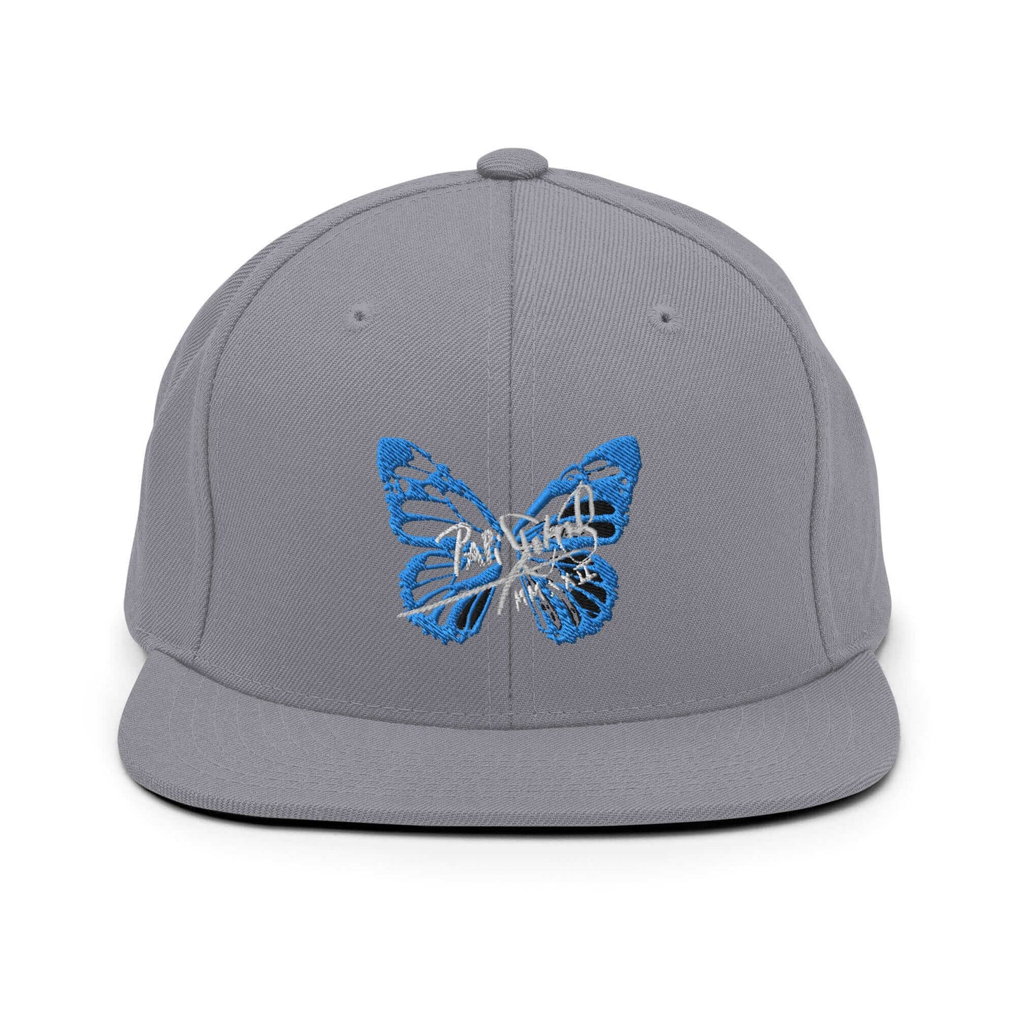 PapiJohn® The Blue Butterfly Snapback Archive in metallic silver front view focusing on the clean high-fidelity reflection of the blue embroidered butterfly icon | Sala 1 Wearable Art Fashion