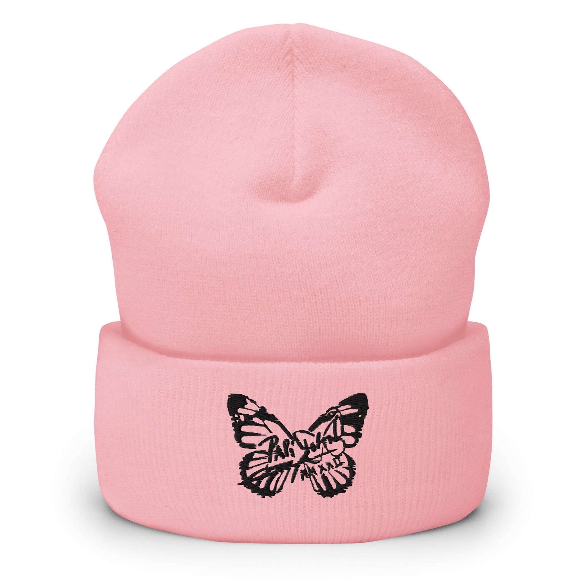PapiJohn® The Butterfly Signature Black Edition beanie in conceptual baby pink front view tracing the delicate contrast of the high-fidelity black stitched butterfly signature | Artist-Driven Streetwear