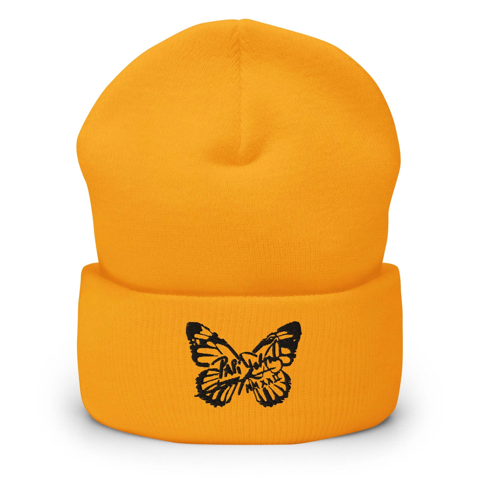 PapiJohn® The Butterfly Signature Black Edition beanie in heraldic gold tone front view rendering the tight-knit crown density and premium black butterfly emblem | Sala 1 High-End Curation