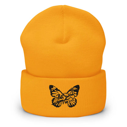PapiJohn® The Butterfly Signature Black Edition beanie in heraldic gold tone front view rendering the tight-knit crown density and premium black butterfly emblem | Sala 1 High-End Curation