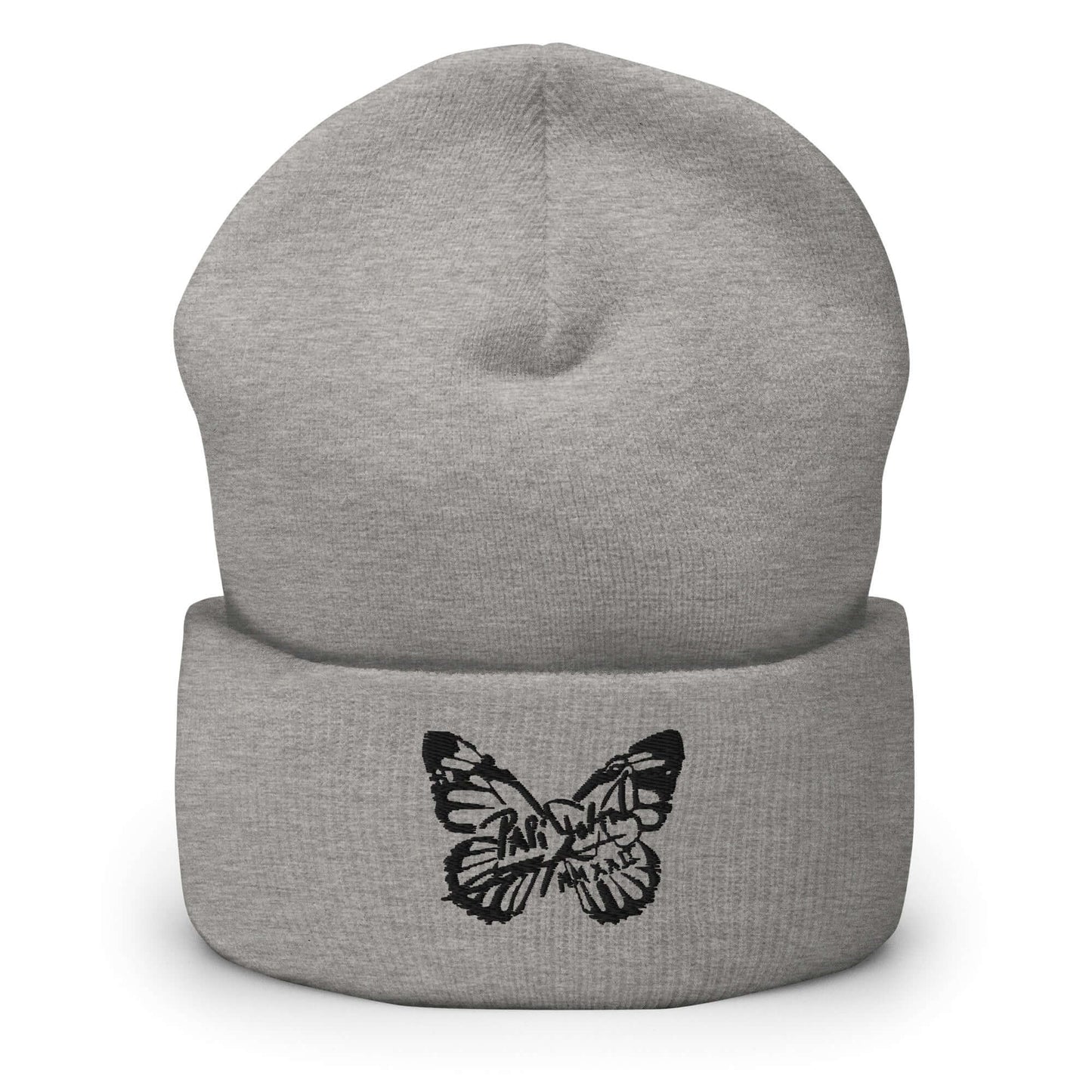 PapiJohn® The Butterfly Signature Black Edition beanie in classic heather grey textured fine knit front view showcasing the custom black butterfly stitch layout by $arah Free 💎 | High-Tier Archive