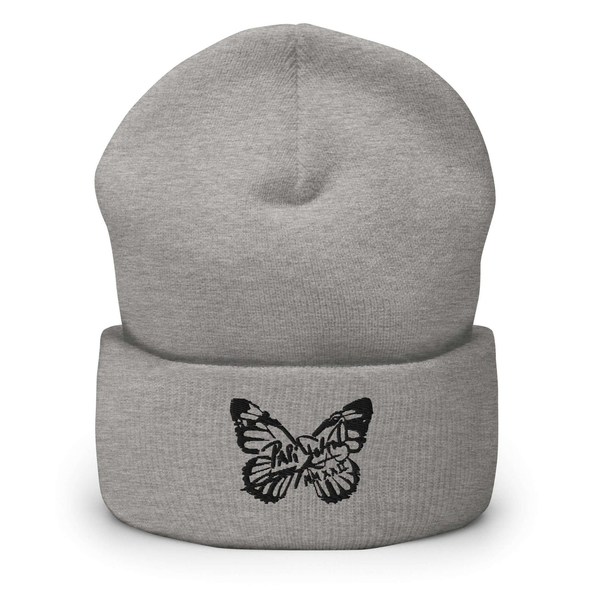 PapiJohn® The Butterfly Signature Black Edition beanie in classic heather grey textured fine knit front view showcasing the custom black butterfly stitch layout by $arah Free 💎 | High-Tier Archive
