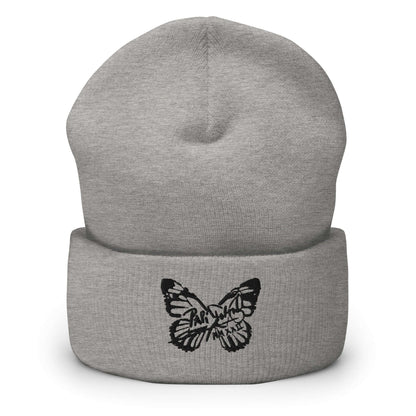 PapiJohn® The Butterfly Signature Black Edition beanie in classic heather grey textured fine knit front view showcasing the custom black butterfly stitch layout by $arah Free 💎 | High-Tier Archive