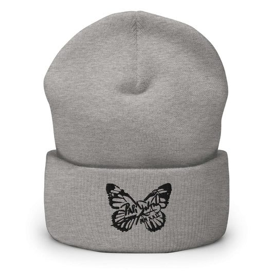 PapiJohn® The Butterfly Signature Black Edition beanie in classic heather grey textured fine knit front view showcasing the custom black butterfly stitch layout by $arah Free 💎 | High-Tier Archive