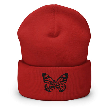 PapiJohn® The Butterfly Signature Black Edition beanie in rich crimson red front view displaying the organic contrast of the black embroidered butterfly logo | Artist-Led Streetwear