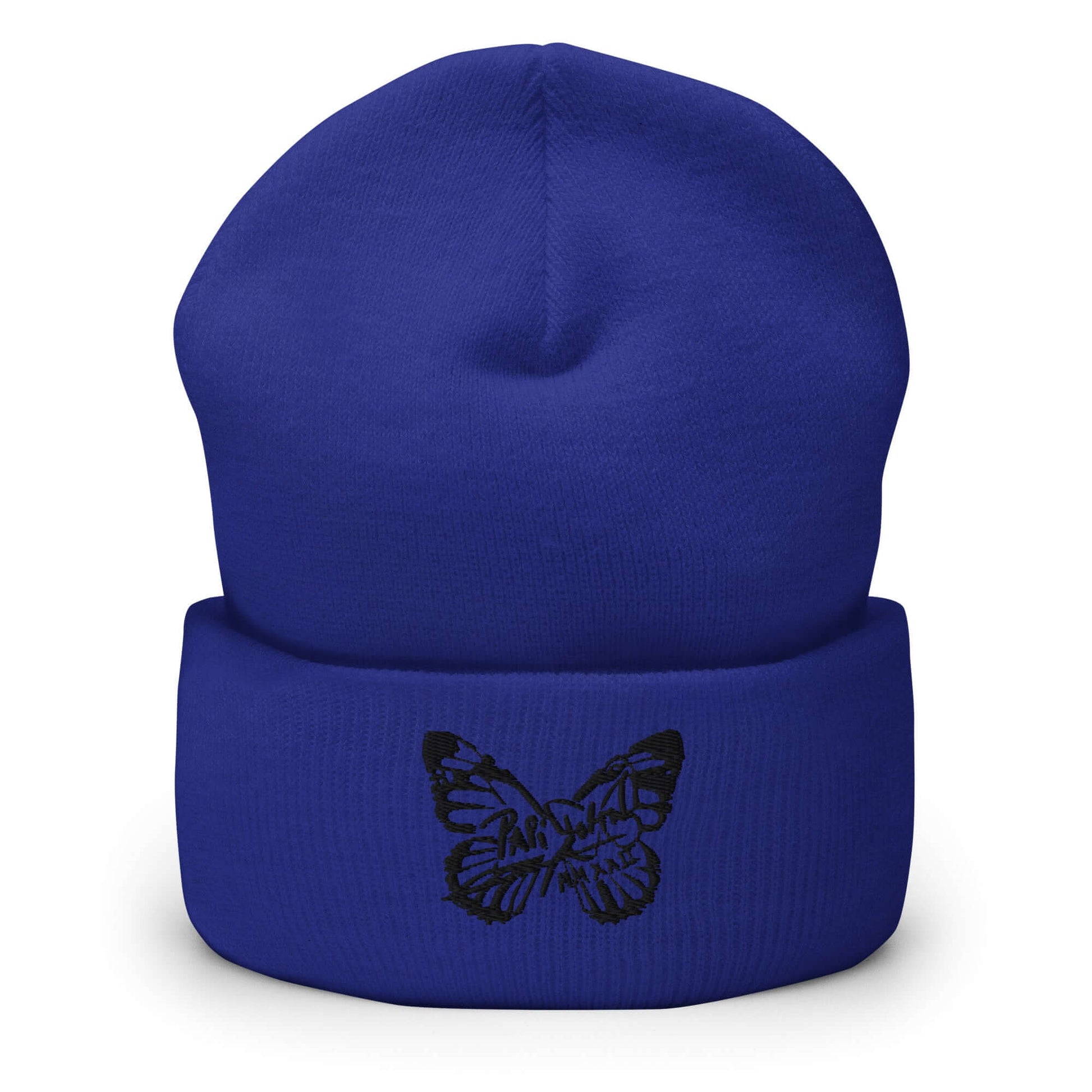 PapiJohn® The Butterfly Signature Black Edition beanie in royal blue front view capturing the sharp monochrome black thread butterfly icon embroidered in high density by $arah Free 💎 | Sala 1 Wearable Art Fashion