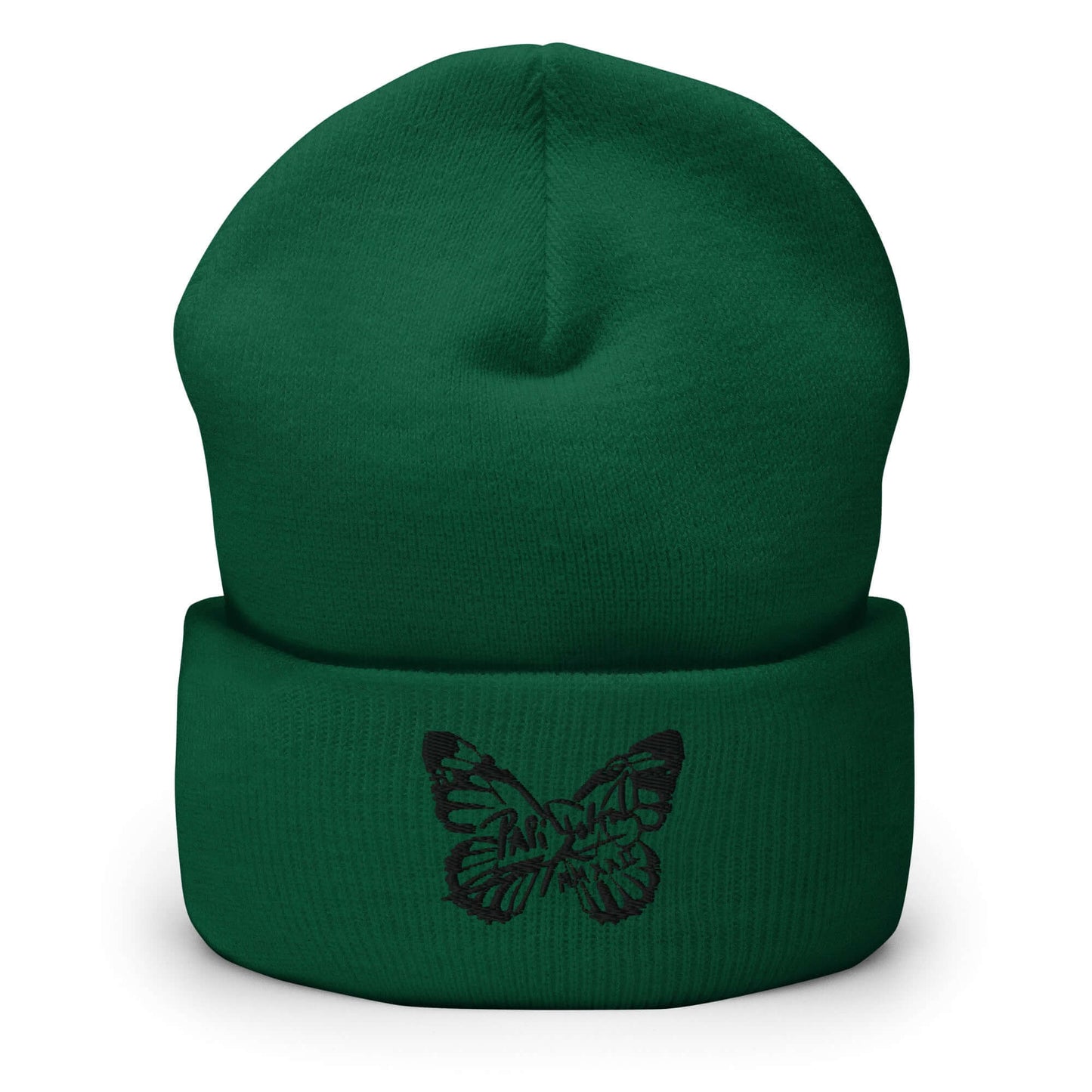 PapiJohn® The Butterfly Signature Black Edition beanie in deep spruce forest green front view highlighting the black thread butterfly signature architecture | Streetwear d'Auteur