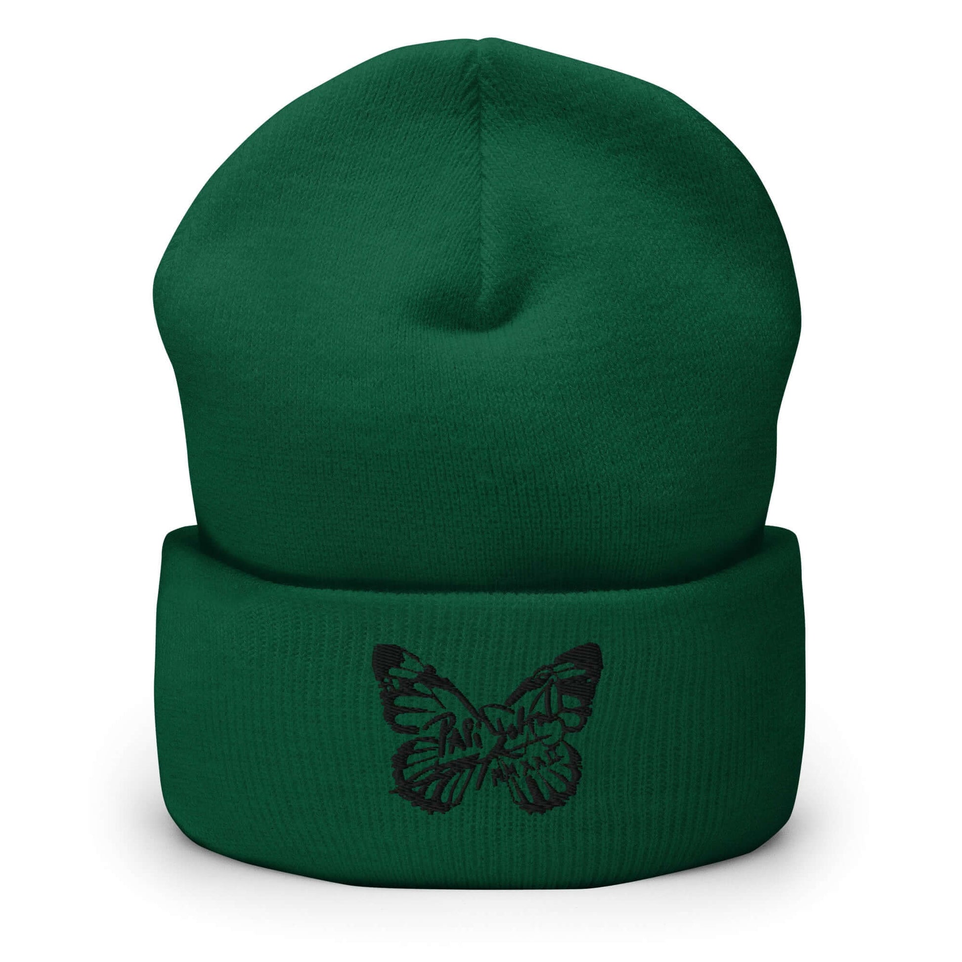 PapiJohn® The Butterfly Signature Black Edition beanie in deep spruce forest green front view highlighting the black thread butterfly signature architecture | Streetwear d'Auteur