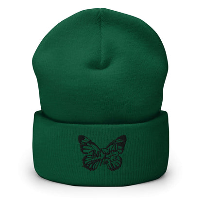 PapiJohn® The Butterfly Signature Black Edition beanie in deep spruce forest green front view highlighting the black thread butterfly signature architecture | Streetwear d'Auteur