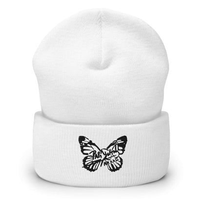 PapiJohn® The Butterfly Signature Black Edition beanie in pure white canvas front view highlighting the radical definition of the black embroidered butterfly emblem by $arah Free 💎 | Wearable Art Fashion